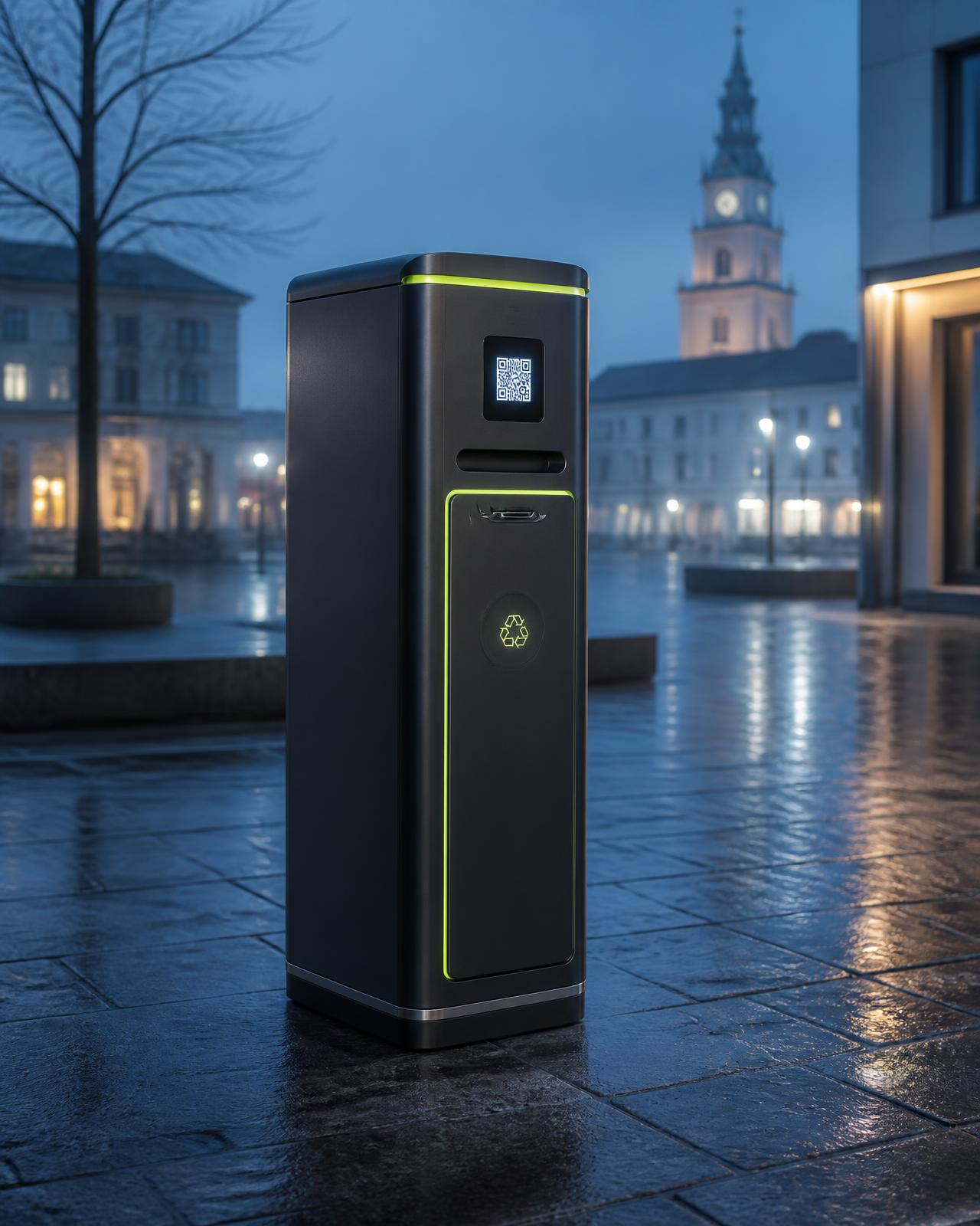 Modern PantPoint-station på ett torg i skymningen